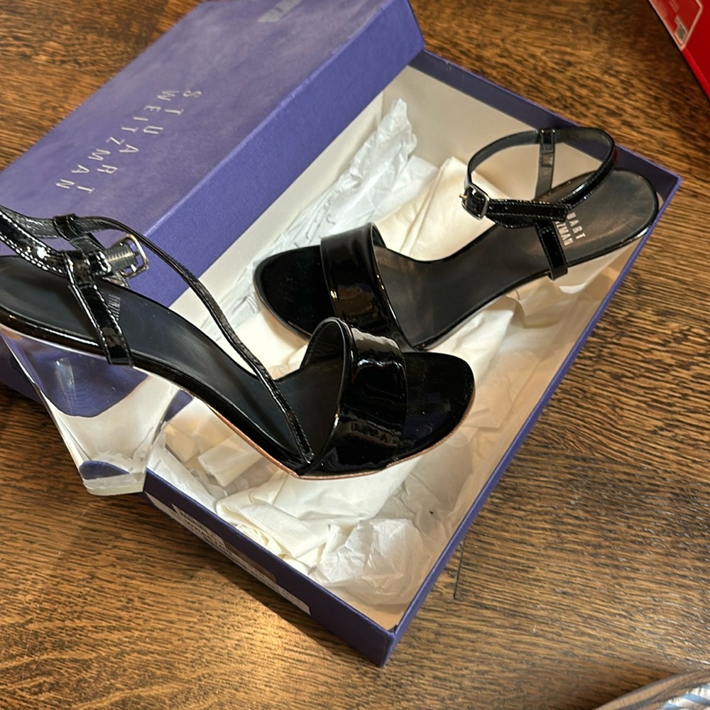 Stuart Weitzman black patent/lucite heel sandal